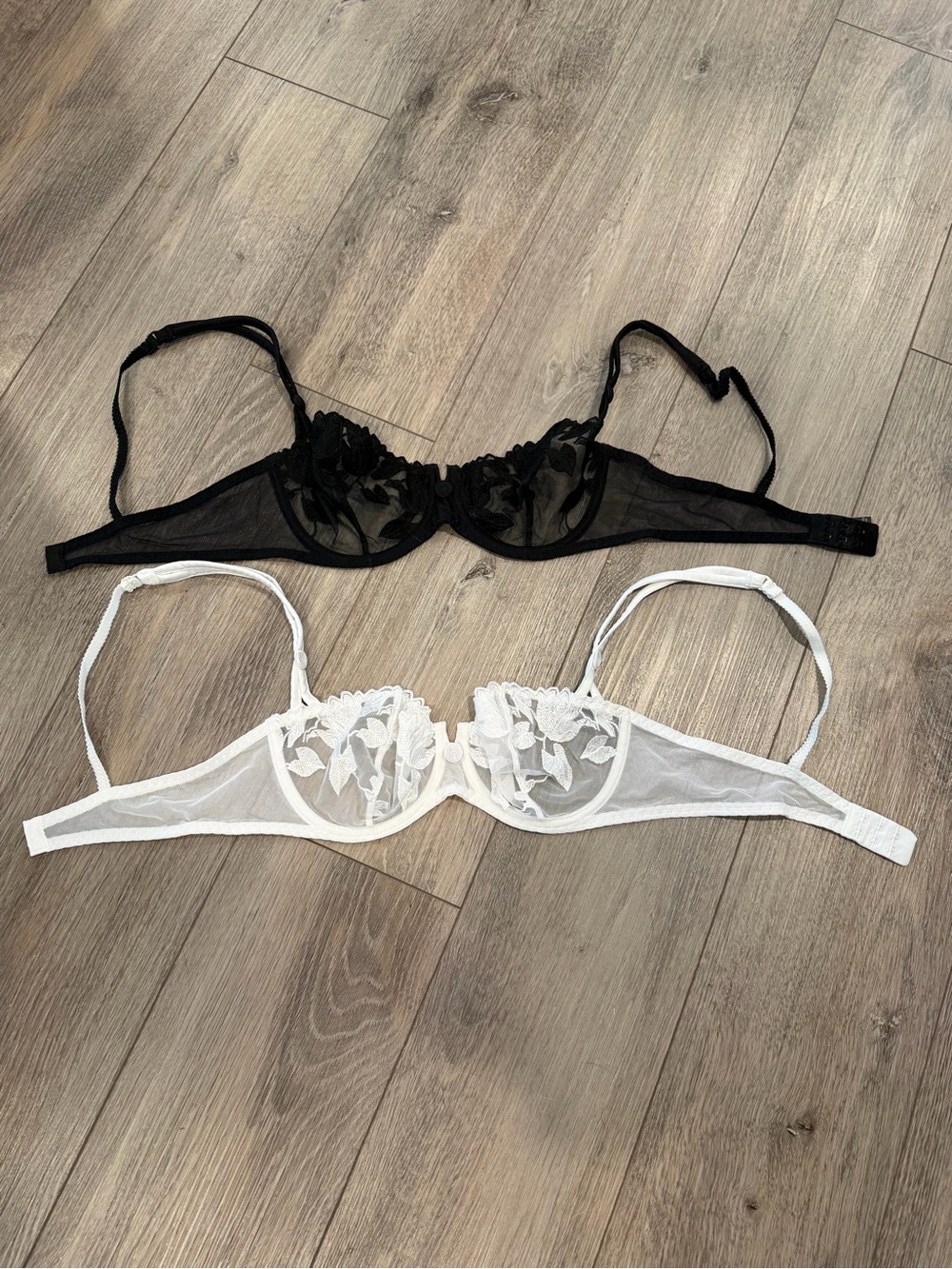 2 French Aubade Sheer Floral Embroidered Underwire Bra Duo - Black & White